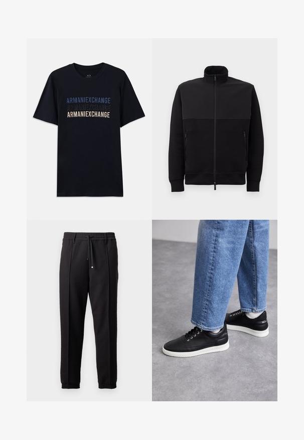 Sort jakke med fuld lynlås og høj krave, to lynlåslommer på siden og ribbede manchetter, lagt fladt på en hvid baggrund.; Sort bomulds t-shirt med stabelt "ARMANIEXCHANGE" tekst i blå og beige nuancer, korte ærmer og rund hals.; Sorte bukser med elastisk talje, snørelukning og elastiske manchetter. Har folder og et glat, tekstureret stof.; Sorte lædersneakers med hvide gummisåler, featuring runde snørebånd, glat overflade og diskret branding på hælen. Båret med blå jeans.