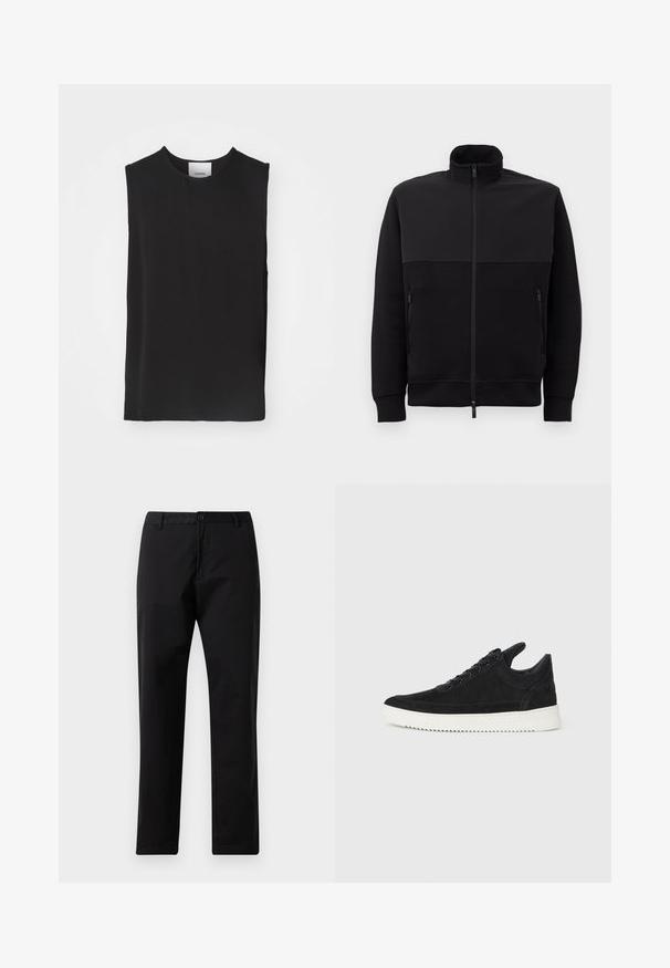 Μαύρο μπουφάν με πλήρως φερμουάρ και ψηλό γιακά, δύο πλαϊνές τσέπες με φερμουάρ και ραμμένα μανίκια, τοποθετημένο επίπεδα σε λευκό φόντο.; Μαύρη αμάνικη μπλούζα από λείο ύφασμα, με στρογγυλή λαιμόκοψη και άνετη εφαρμογή, με καθαρές ραφές και χωρίς ορατές λεπτομέρειες ή σχέδια.; Μαύρο παντελόνι ίσιας γραμμής με κλείσιμο από κουμπί και φερμουάρ, θηλιές ζώνης και εμπρός τσέπες, σε λευκό φόντο.; Μαύρο σουέτ αθλητικό παπούτσι με λευκή καουτσούκ σόλα, με τόνο ραφές και σχέδιο με κορδόνια. Λείος υφή με μοντέρνα, αεροδυναμική γραμμή.