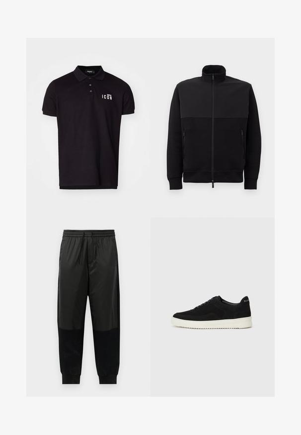 Črna jakna s polnim zadrgo in visokim ovratnikom, z dvema stranskima žepoma z zadrgo in rebrastimi manšetami, položena na belem ozadju.; Črna polo majica iz mešanice bombaža s klasičnim ovratnikom, tremi gumbi in belim napisom "ICON" na levem prsnem delu. Gladka tekstura, kratki rokavi.; Črne atletske hlače z mešanico gladkih in teksturiranih tkanin, elastičnim pasom z vrvico in ozkimi manšetami.; Črni semiš teniški copati z vezalkami in kontrastnim belim gumijastim podplatom. Imajo teksturirane stranske panele in subtilno oznako na peti.