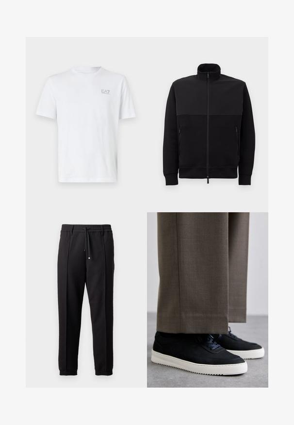Melnā pilna rāvējslēdzēja jaka ar augstu apkakli, divām rāvējslēdzēja sānu kabatām un ribotām piedurknēm, novietota uz balta fona.; Balta kokvilnas T-kreklu ar apaļu kakla izgriezumu, īsām piedurknēm un mazu pelēku EA7 logotipu augšējā kreisajā pusē. Gluda tekstūra, klasiskā piegriezuma.; Melni bikses ar jostu, staipāmu un elastīgām aprocēm. Ar krokām un gludu, teksturētu audumu.; Melni zamšaini sporta apavi ar baltām gumijas zolēm, ar noapaļotu purngalu un auklām, valkāti ar pelēkiem piegrieztiem biksēm.