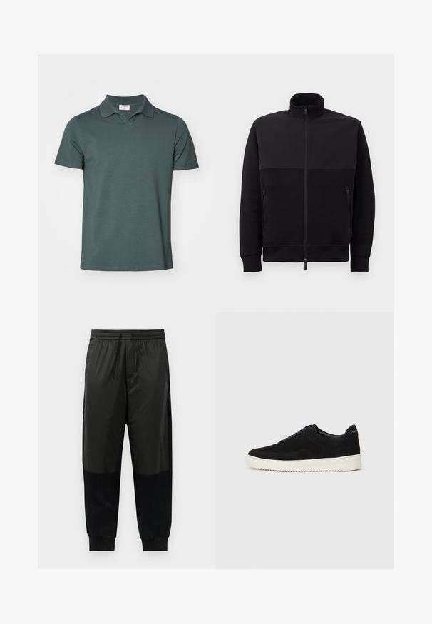 Fekete, teljes hosszúságú, cipzáros dzseki magas gallérral, két cipzáras oldalzsebbel és bordázott mandzsettával, fehér háttéren fekve.; Filippa K Pólóing - dark green grey; Fekete sportnadrág sima és texturált anyagok keverékéből, rugalmas derékpánttal és húzózsinórral, valamint keskenyített szárakkal.; Fekete velúr sportcipő fűzős dizájnnal és kontrasztos fehér gumitalppal. Jellemzői a textúrázott oldalpanelek és a diszkrét logó a sarokon.