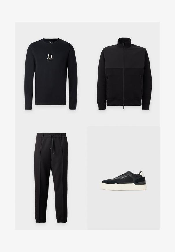 Czarna kurtka z pełnym zamkiem, z wysokim kołnierzem, dwoma bocznymi kieszeniami na zamek oraz ściągaczami przy mankietach, ułożona na płasko na białym tle.; Czarna koszulka z długim rękawem wykonana z bawełny, z białym logo A|X na piersi. Posiada okrągły dekolt i prosty krój dołu.; Czarne spodnie z pasem, sznurkiem do regulacji i elastycznymi mankietami. Posiadają kanty oraz gładki, teksturowany materiał.; Czarne sneakersy wykonane z siatki i skóry, z grubą białą podeszwą i kontrastowymi akcentami. Sznurówki i detal z logo po boku.