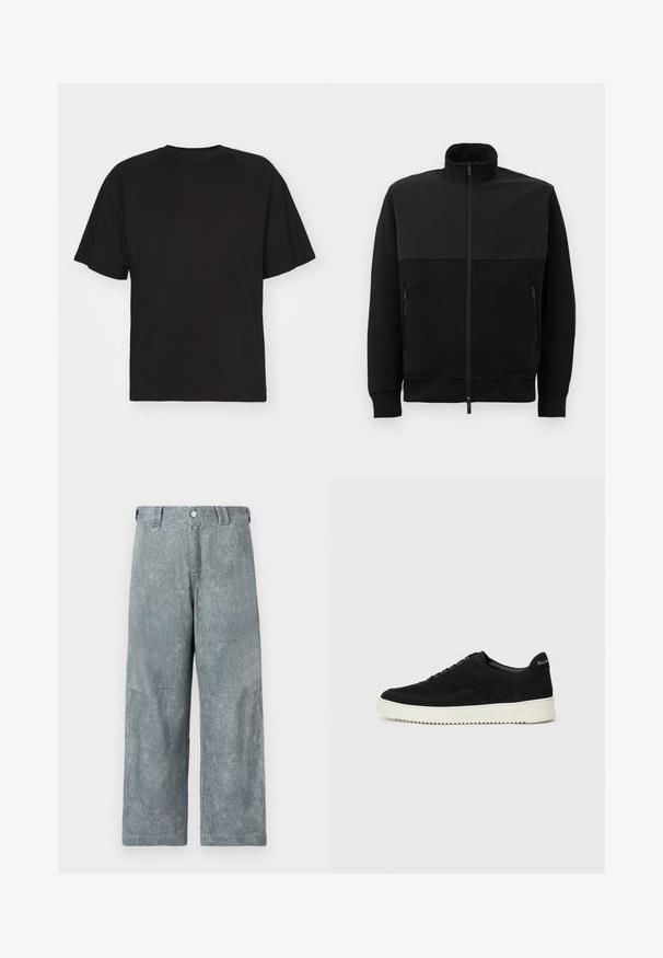 Mustad musta täis tõmblukuga jakki kõrge kaelusega, kahe tõmblukuga küljetaskuga ja ribakätistega, asetatud tasasele valgele taustale.; Essential Collective ORGANIC COTTON - Lihtne T-särk - black; Heledad hallhalli denimist laiad püksid, millel on tekstureeritud viimistlus, nupuga sulgur, vöökohad ja veidi kulunud välimus.; Mustad suede jooksujalatsid, millel on paelad ja kontrastne valge kummitald. Omab tekstuuriga külgpaneele ja tagasihoidlikku brändimist kandadel.