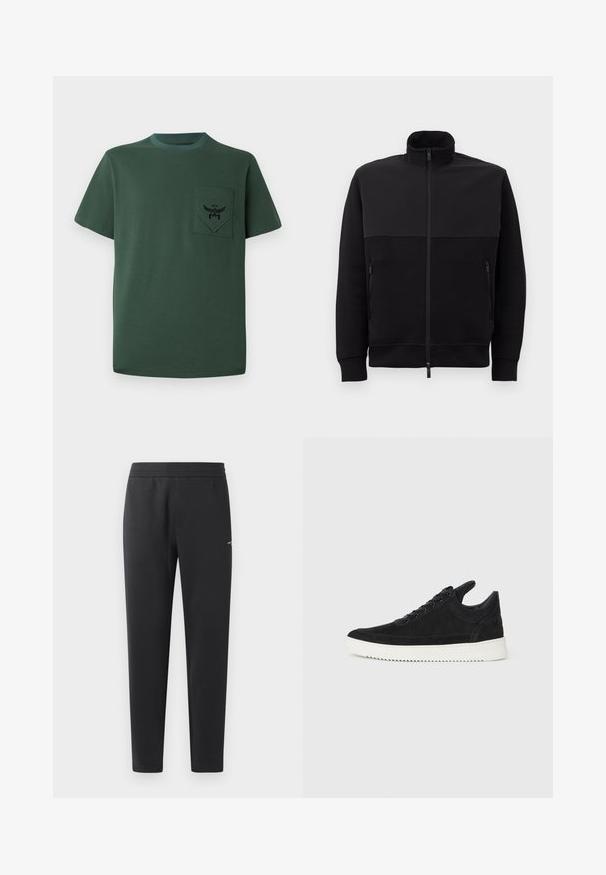Black full-zip jacket with high collar, two zippered side pockets, and ribbed cuffs, laid flat on a white background.; Green short-sleeve t-shirt made of cotton, featuring a pocket with a black embroidered logo and contrasting neckline. Simple design with seamless edges.; Black jogger pants made of soft fabric, featuring an elastic waistband, straight legs, and a single small logo detail on the side.; Black suede sneaker with a white rubber sole, featuring tonal stitching and lace-up design. Smooth texture with a modern, streamlined shape.