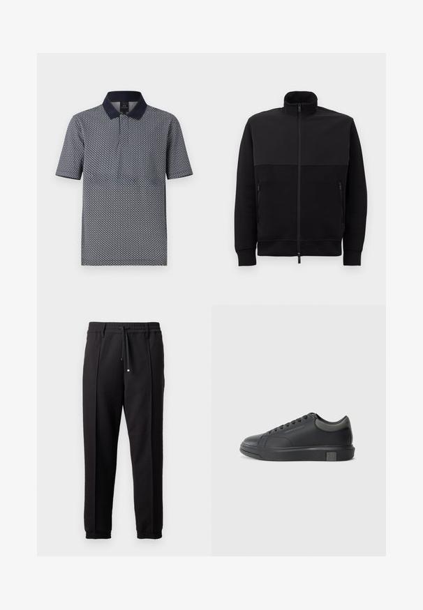 Czarna kurtka z pełnym zamkiem, z wysokim kołnierzem, dwoma bocznymi kieszeniami na zamek oraz ściągaczami przy mankietach, ułożona na płasko na białym tle.; Koszulka polo z krótkim rękawem w kolorze granatowym z geometrycznym wzorem, posiadająca gładki granatowy kołnierzyk oraz pliskę z guzikami. Materiał wydaje się gładki i lekki.; Czarne spodnie z pasem, sznurkiem do regulacji i elastycznymi mankietami. Posiadają kanty oraz gładki, teksturowany materiał.; Czarne skórzane sneakersy o gładkim wykończeniu, zaokrąglonym nosku i ciemnoszarych akcentach. Posiadają sznurowaną konstrukcję oraz teksturowaną gumową podeszwę.