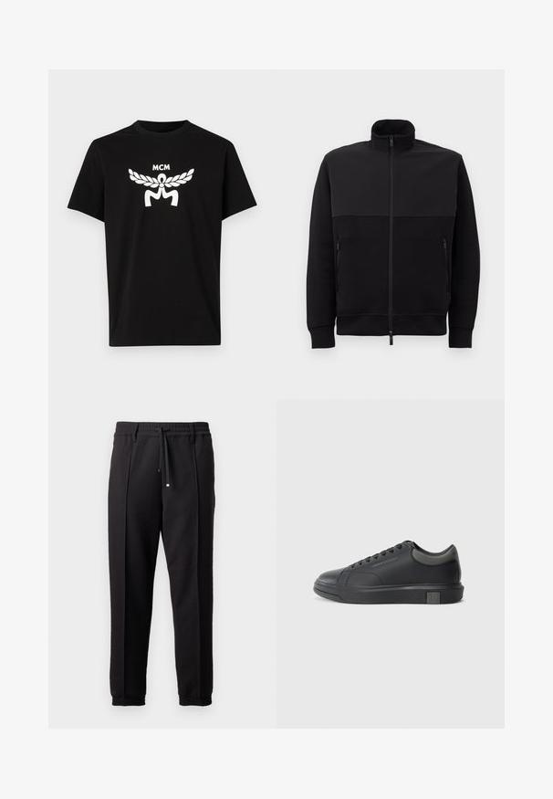 Svart full-zip jakke med høy krage, to glidelåslommer på siden og ribbestrikkede mansjetter, lagt flatt på en hvit bakgrunn.; Svart bomull T-skjorte med korte ermer, med et stort hvitt MCM-logo og laurbærdesign på forsiden. Klassisk crew neck.; Sorte bukser med liv, snor og elastiske mansjetter. Har plisséer og et glatt, teksturert stoff.; Sorte lærersneakers med en glat finish, rund tå og mørkegrå detaljer. Har snørebånd og en struktureret gummisål.