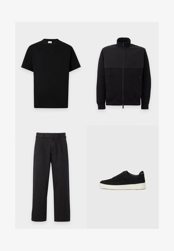 Mustad musta täis tõmblukuga jakki kõrge kaelusega, kahe tõmblukuga küljetaskuga ja ribakätistega, asetatud tasasele valgele taustale.; Must värvi puuvillane T-särk ümarate kaelustega, lühikeste varrukatega ja sirge lõikega. Ilma nähtavate mustrite või riistade detailideta.; Mustad puuvillased püksid, sirge lõikega, pleated esiosaga, vöökonksude ja nööbilukuga. Sile tekstuur ilma mustriteta.; Mustad suede jooksujalatsid, millel on paelad ja kontrastne valge kummitald. Omab tekstuuriga külgpaneele ja tagasihoidlikku brändimist kandadel.
