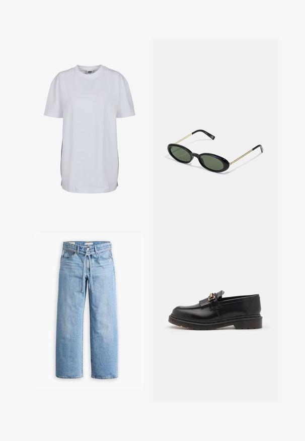 Juodas užtrauktukas kardiganas, pagamintas iš minkštos, tekstūruotos medžiagos, turintis aukštą apykaklę ir dvi priekinės kišenes. Paprastas dizainas su minimaliais akcentais.; Balta trumpa rankovėmis marškinėliai, pagaminti iš medvilnės, su apvaliu kaklu ir laisvu siluetu, be matomų raštų ar grafikų.; Šviesiai mėlyni džinsai su plačiomis kojomis, aukštu juosmeniu, sagomis ir užtrauktuku, taip pat su raišteliu juosmens srityje. Neapdorotas apdailos kraštas.; Juodi odiniai loaferiai su apvalia nosimi, dekoratyvine frančiška ir auksiniu akcentu. Storas guminis padas, užtikrinantis geresnį sukibimą ir patvarumą.; Apskritos rėmo saulės akiniai su žaliais lęšiais, juodu plastiko priekiu ir plonais auksiniais metaliniais šonais. Pabrėžia minimalistinį dizainą su lygiu tekstūru.