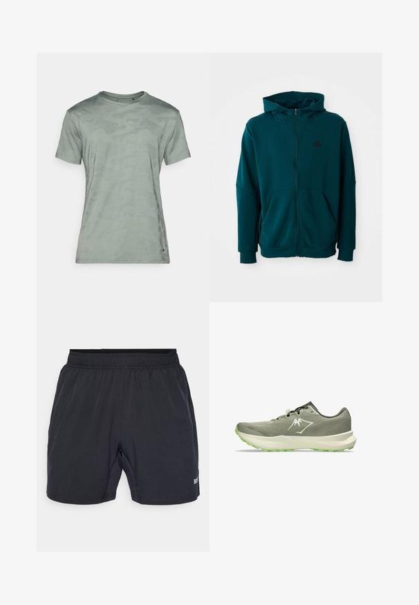 Teal zip-hoodie med frontlomme og sort logo. Har hætte, ribbede manchetter og blødt, struktureret stof.; Lys grøn kortærmet t-shirt med et diskret camouflage mønster, rund halsudskæring og en glat tekstur uden synlige metaldele eller accenter.; Sorte shorts med elastisk talje, lavet af glat, letvægtsstof, med et lille logo på nederste højre side.; Letvægtige løbesko i grå mesh med grønne accenter. Tekstureret overdel, polstret sål og robust ydersål for godt greb.