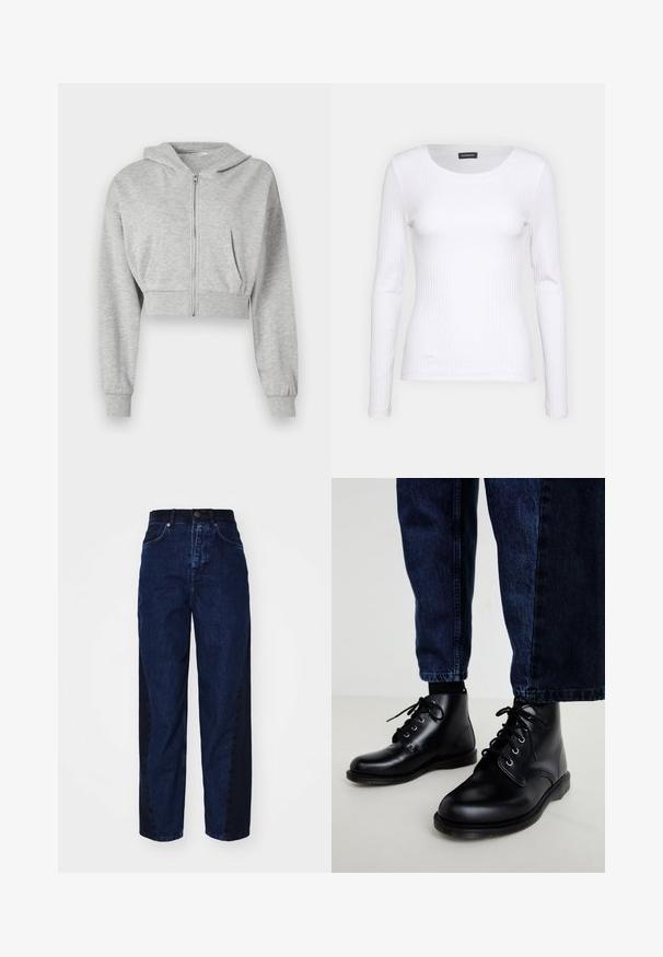 Siva skrajšana kapuca iz mehkega materiala, z sprednjim zadrgo, dolgimi rokavi in dvema sprednjima žepoma. Gladka tekstura, nastavljiva kapuca.; Bela rebrasta majica z dolgimi rokavi in okruglim izrezom. Narejena iz elastičnega materiala, ki se prilega telesu. Značilen je diskreten horizontalni potisk.; Temno modri jeans z ohlapnim fitom, ki imajo kontrastni temnejši stranski panel, pet žepov in gumbasto zaponko.; Črne usnjene gležnjarje s okroglimi nosi, vezalnim dizajnom in kovinskimi očesci. Nosijo se z temno modrimi širokimi kavbojkami.