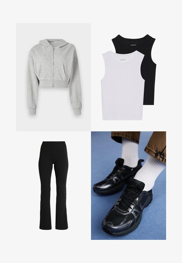 Siva skrajšana kapuca iz mehkega materiala, z sprednjim zadrgo, dolgimi rokavi in dvema sprednjima žepoma. Gladka tekstura, nastavljiva kapuca.; Dve brezrokavne majice v črni in beli barvi, izdelane iz rebrastega bombaža, z okroglimi izrezi in prilegajočim oblikovanjem. Oznake so vidne na obeh.; Črne široke hlače iz raztegljivega materiala. Imajo širok pas in gladko teksturo, zasnovane so tako, da se tesno prilegajo bokom.; Črne športne čevlje Nike imajo mrežasto zgornji del s sijočimi akcenti, črne vezalke in teksturiran podplat. Ujemajo se z belimi rebrastimi nogavicami.