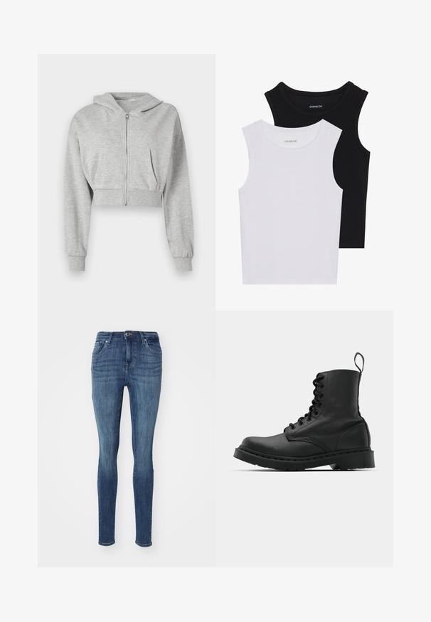 Sivi skraćeni dukserica napravljena od mekog materijala, sa prednjim patentnim zatvaračem, dugim rukavima i dva prednja džepa. Glatka tekstura, podešavanje kapuljače.; Dva majica bez rukava u crnoj i bijeloj boji, izrađene od rebrastog pamuka, s okruglim izrezima i prianjajućim dizajnom. Oznake su vidljive na obje.; Mršave traperice srednjeg struka u tamnoplavom denimu. Sadrže pet džepova, kopčanje na dugme i suptilno izbjeljivanje za davanje teksture.; Crne kožne vojničke čizme s okruglim vrhom, vezicama sprijeda i petljom na gležnju. Imaju gusti gumeni potplat za izdržljivost.