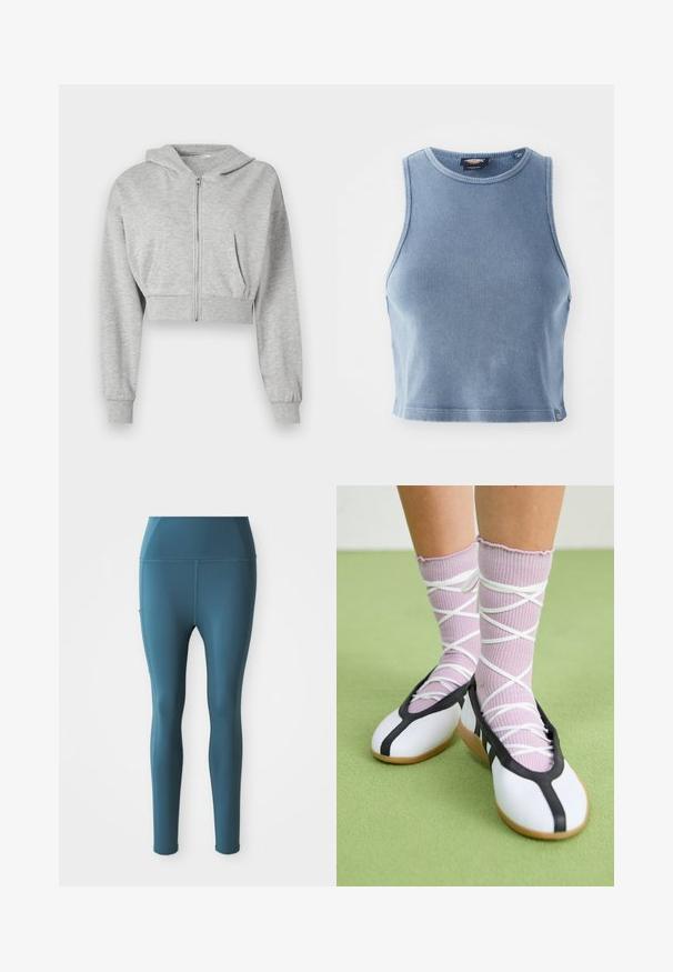 Pelēks īss kapuci krekls, kas izgatavots no mīkstas auduma, ar priekšējo rāvējslēdzēju, garām piedurknēm un divām priekšējām kabatām. Gluda tekstūra, regulējama kapuce.; Gaiši zils ribots īsa augšdaļa ar apļa formas dekoltē un bez piedurknēm. Gluda tekstūra un neliels logotipa detalizējums apakšmalā.; Tirkīza krāsas stieptas legingi ar gludu tekstūru, augstu jostasvietu, sānu kabatām un bez redzamām šuvēm, kas paredzēti sporta apģērbam.; Baltas plakans kurpes ar melniem akcentiem un zoli, saskaņoti ar gaiši violetām ribotām zeķēm ar baltām krustveida siksnām. Iestatīts zaļā fona.