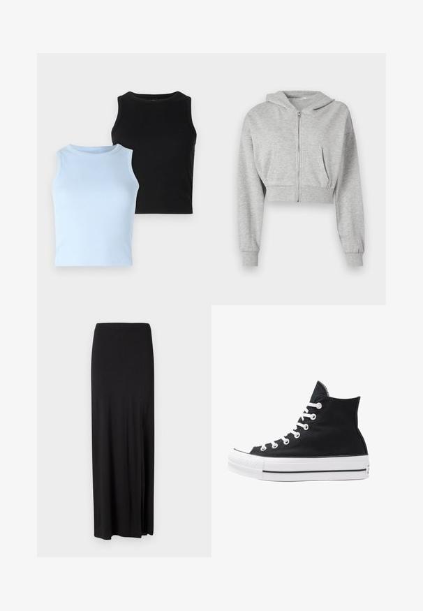 Grijze cropped hoodie van zachte stof, met een ritssluiting aan de voorkant, lange mouwen en twee voorzakken. Gladde textuur, verstelbare capuchon.; Twee mouwloze tops: één lichtblauw, één zwart. Beide zijn van ribstof met een ronde hals. Het ontwerp is aansluitend, zonder zichtbare patronen of accenten.; Zwarte maxi rok van zacht, rekbaar materiaal. Heeft een zijsplit en een eenvoudig, gestroomlijnd ontwerp zonder versieringen.; Hoge zwarte canvas sneaker met witte oogjes, veters en rubberen zool. Beschikt over een gestructureerde neuskap en zwart-witte streepaccenten.