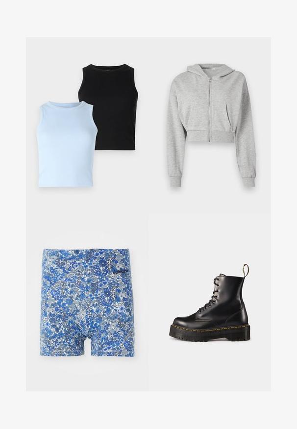 Moletom cinza cropped feito de tecido macio, com fecho frontal, mangas longas e dois bolsos frontais. Textura suave, capuz ajustável.; Duas blusas sem mangas: uma azul clara e uma preta. Ambas são de tecido canelado com decote redondo. O design é justo, sem padrões ou detalhes visíveis.; Boxer shorts com estampa floral azul em várias tonalidades, apresentando um design ajustado e um logótipo da Adidas em preto na cintura.; Botas de tornozelo em couro preto com atacadores, com uma sola robusta preta e costura amarela. Apresenta uma alça na parte de trás e ilhós metálicos circulares.