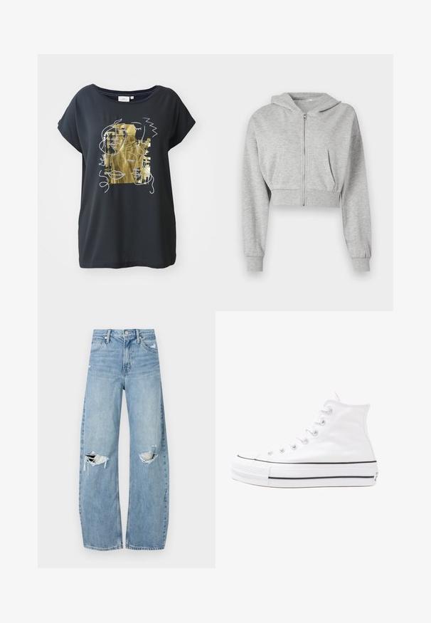 Pelēks īss kapuci krekls, kas izgatavots no mīkstas auduma, ar priekšējo rāvējslēdzēju, garām piedurknēm un divām priekšējām kabatām. Gluda tekstūra, regulējama kapuce.; Melnas īsām piedurknēm T-krekls ar zelta un baltu abstraktās sejas apdruku. Gluda auduma, brīva piegriezuma un plaša kakla izgriezuma.; Gaiši zili, augstās vidukļa džinsi, kas izgatavoti no denima. Iespējas plašas kājas, divas plēstas ceļa daļas un klasiskā piecu kabatu dizains.; Balti augstie kanvas sporta apavi ar melnu gumijas zoli, priekšējo gumijas purngalu un sešām acīm lencēm, kuriem ir tīrs, minimālistisks dizains.