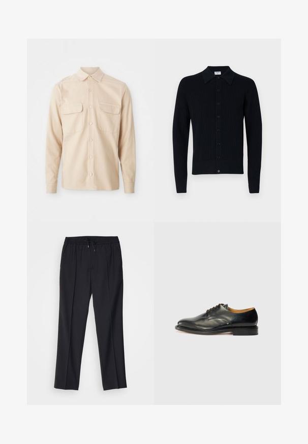 Tumši zila ribota kardigāna virsjakas ar norādītu apkakli, priekšā ar pogu aizdari, garām piedurknēm un gludu tekstūru. Vienkāršs dizains bez rakstiem.; Bežs garās piedurknes krekls, izgatavots no austiem audumiem, ar divām krūšu kabatām, norādītu apkakli un pogu slēgšanu priekšā. Gluda tekstūra.; sandro ALPHA - Chinos tipa bikses - noir; Melnas ādas kleitu kurpes ar gludu apdari, noapaļota purngala forma un minimālas saites. Iezīmējas ar niansētu dizainu un zemu, stabilu gumijas zoli.