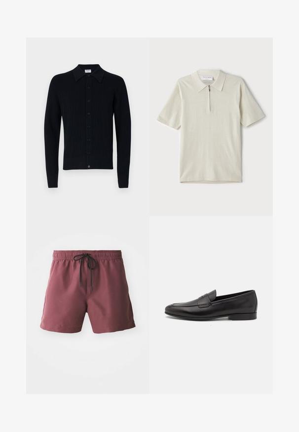 Temno modra rebrasta jopica z nazobčanim ovratnikom, sprednjim gumbom, dolgimi rokavi in gladko teksturo. Preprost dizajn brez vzorcev.; Polo majica s kratkimi rokavi v svetlo bež barvi z zadrgo pri ovratniku. Narejena iz gladkega materiala, ima preprost, sodoben dizajn brez vzorcev.; Burgundske kopalne hlače z elastičnim pasom in črnim vrvico. Imajo stranske žepke in gladek, lahkoten material.; Moški črni usnjeni loafer s nizkim peto in klasičnim penny trakom, prikazan v bočnem profilu na belem ozadju.