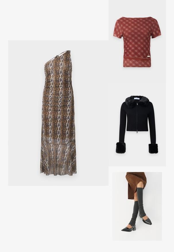 Schwarze gerippte Zip-up-Cardigan mit Kunstfellkragen und passenden großen Kunstfellmanschetten an langen Ärmeln.; Einseitiges, bodenlanges Kleid mit einem braun-schwarzen-weißen Tierdruck und einem leicht gerafften Design auf einem weißen Hintergrund.; Kurzärmeliges Oberteil in Rot und Beige mit Karomuster, glatter Textur und taillierter Passform, das einen Saum mit dezenten Raffungselementen aufweist.; Schwarze lacklederne spitze Schuhe mit Blockabsatz und Knöchelriemen, kombiniert mit grauen gerippten Beinstulpen und einem braunen Wildlederrock.