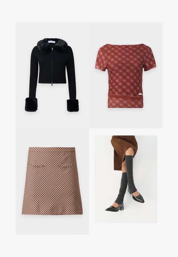 Černý žebrovaný cardigan na zip s límcem z umělé kožešiny a odpovídajícími velkými manžetami z umělé kožešiny na dlouhých rukávech.; Krátký rukáv s červenobéžovým kostkovaným vzorem, hladký na dotek a s přiléhavým pasem, má spodní lem s jemným nařasením.; Krátká kostkovaná sukně s kostkovaným vzorem v červené, černé a krémové barvě. Má hladkou strukturu a dvě přední kapsy.; Černé lakované boty s špičatou špičkou, blokovým podpatkem a kotníkovým páskem, spárované s šedými žebrovanými návleky na nohy a hnědskou sukní z semiše.