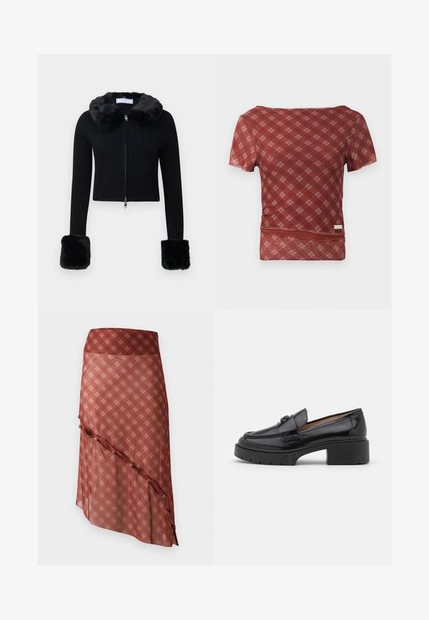 Black ribbed zip-up cardigan with faux fur collar and matching large faux fur cuffs on long sleeves.; Red and beige plaid short-sleeve top with a smooth texture and a fitted waist, featuring a hemline with a subtle gathering detail.; Reddish skirt with a diagonal hemline, featuring a plaid pattern in lighter tones, accented with button details along the edge.; Black leather loafer with a low block heel, rounded toe, decorative strap, and textured stitching detail on the upper. Smooth finish.