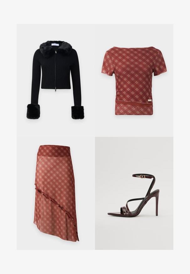 Cardigan zippé noir à côtes avec col en fausse fourrure et grands poignets en fausse fourrure assortis sur les manches longues.; Haut à manches courtes à carreaux rouge et beige avec une texture lisse et une taille cintrée, présentant un ourlet avec un subtil détail froncé.; Jupe rougeâtre avec un ourlet diagonal, ornée d'un motif à carreaux dans des tons plus clairs, accentuée par des détails de boutons le long du bord.; Sandale à talons hauts en cuir verni bourgogne avec une bride de cheville, bout pointu et trois bandes horizontales sur le pied. Détail de boucle dorée.