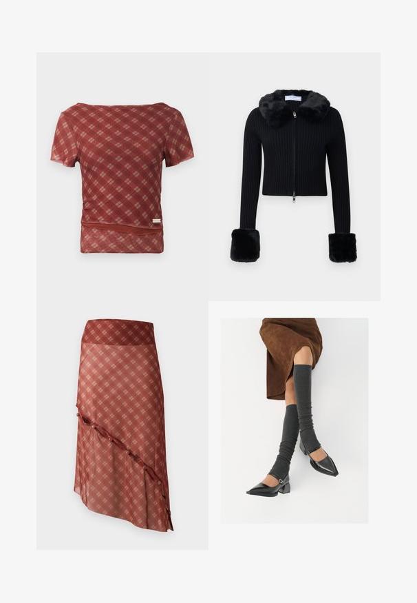 Black ribbed zip-up cardigan with faux fur collar and matching large faux fur cuffs on long sleeves.; Red and beige plaid short-sleeve top with a smooth texture and a fitted waist, featuring a hemline with a subtle gathering detail.; Reddish skirt with a diagonal hemline, featuring a plaid pattern in lighter tones, accented with button details along the edge.; Black patent leather pointed-toe shoes with a block heel and ankle strap, paired with gray ribbed leg warmers and a brown suede skirt.