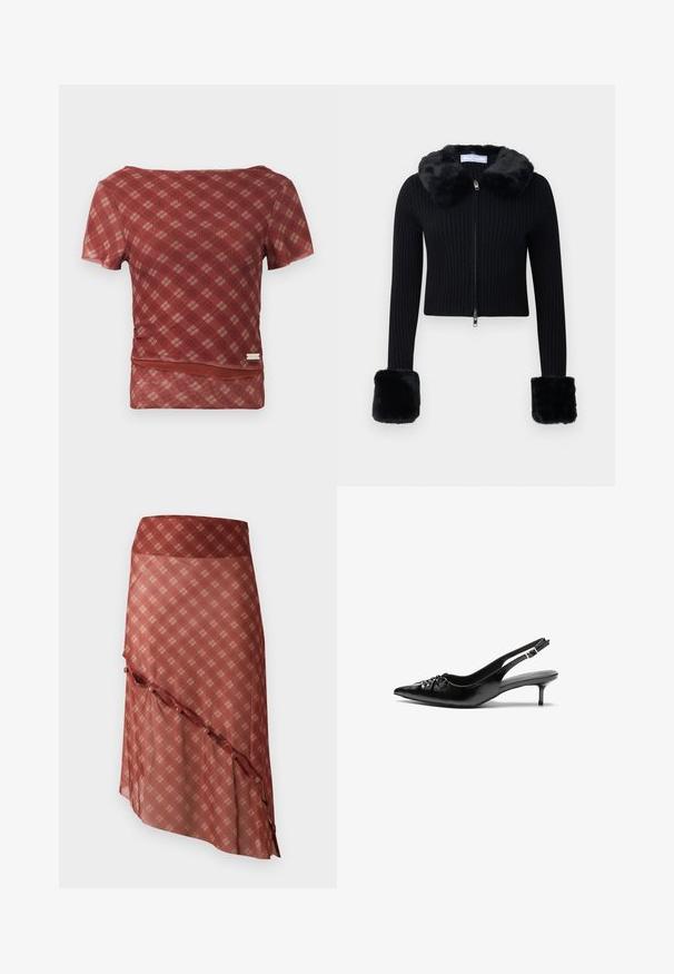 Črn žametni cardigan z zadrgo, z umetnim krznom na ovratniku in velikimi umetnimi krznom prevlečenimi manšetami na dolgih rokavih.; Rdeča in bež karo kratkosleečna majica z gladko teksturo in prilegajočim pasom, ki ima spodnji rob z diskretnim nabiranjem.; Rdeča krila z diagonalno robom, ki ima karirasti vzorec v svetlejših odtenkih, okrašena z gumbnimi detajli ob robu.; Črne usnjene slingback pete z izostrenim nosom, majhno mačje peto in okrasno vozličasto podrobnostjo na sprednjem delu. Gladka tekstura po celotni površini.