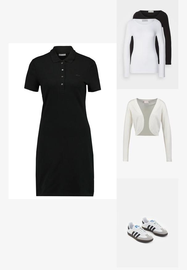 Vit, kort cardigan med långa ärmar, djup V-ringning och en slät yta. Lättviktig tyg med ett genomskinligt bakstycke.; Svart poloklänning med korta ärmar, krage, treknappslå och en diskret logotyp på bröstet. Tillverkad av mjukt, slätt tyg.; Långärmade tröjor i vitt och svart bomull, med rundad halsringning och en figurnära design. Lappen synlig vid nacken.; Sportskor med överdel i vit läder, grå mocka på tårna och tre svarta ränder. Har en blå logotyp på tungan och en texturerad gummisula.