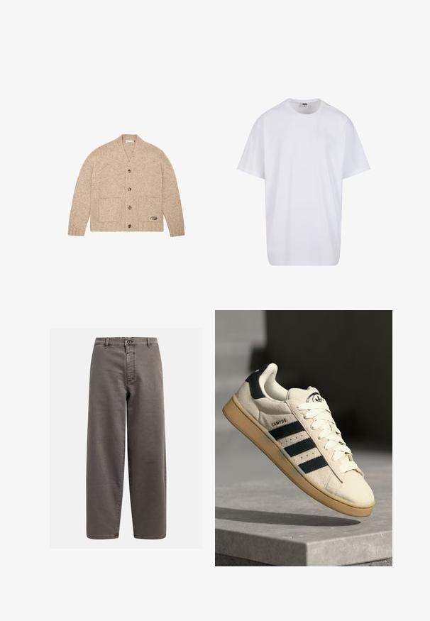 Bežni pleteni kardigan s dugim rukavima, prednjim gumbima, dva prednja džepa i malim izvezenim logotipom na donjem desnom džepu.; Bijela pamučna majica s kratkim rukavima, zaobljenim izrezom, opuštenog kroja, bez vidljivih logotipa ili uzoraka. Glatka tekstura i minimalni dizajn.; Sive široke hlače od pamučne mješavine; s kopčanjem na gumbi, petljama za remen i prednjim džepovima; glatka, izdržljiva tekstura.; Beige suédne tenisice s tri tamnoplave pruge, bijelim vezicama i svijetlosmeštim gumiranim đonom. Sadrži logo na jeziku i natpis "CAMPUS".