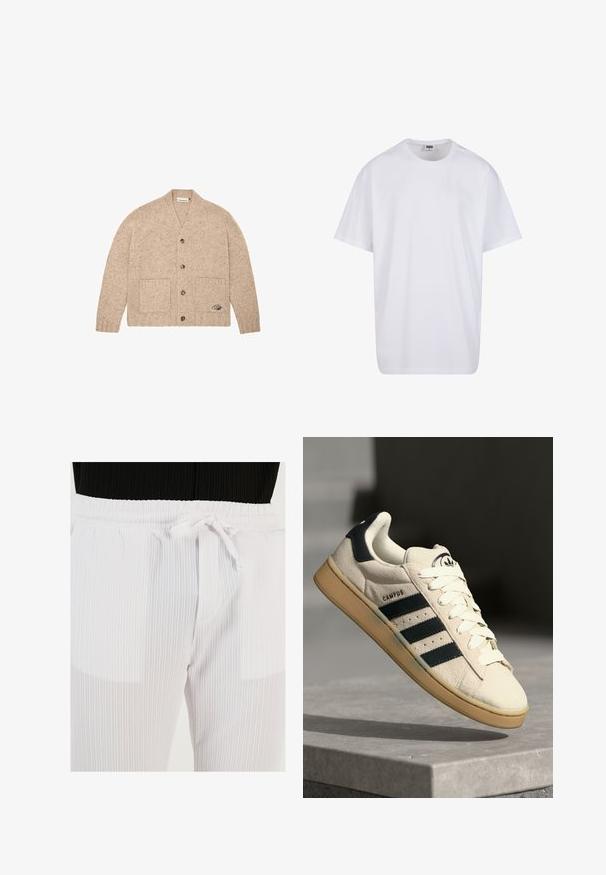 Bežový pletený cardigan s dlhými rukávmi, prednými gombíkmi, dvoma prednými vreckami a malým vyšitým logom na dolnom pravom vrecku.; Biela bavlnená tričko s krátkymi rukávmi, okrúhlym výstrihom, uvoľneným strihom a žiadnymi viditeľnými logami alebo vzormi. Hladká textúra a minimálny dizajn.; Buratti Nohavice - white; Béžové semišové tenisky s tromi tmavomodrými pruhmi, bielymi šnúrkami a béžovou gumovou podrážkou. Obsahujú logo na jazyku a text "CAMPUS".