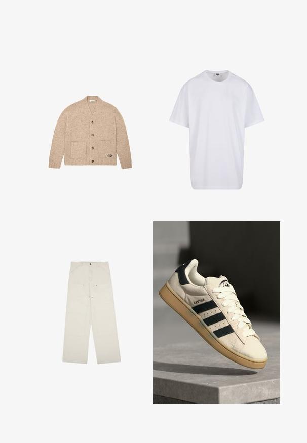 Beige kötött kardigán hosszú ujjakkal, elülső gombokkal, két elülső zsebbel és egy kis hímzett logóval a jobb alsó zseben.; Fehér pamut póló rövid ujjal, kerek nyakú, laza szabású, és nincsenek látható logók vagy minták. Simább textúra és minimalista dizájn.; Világos bézs színű, bő szárú nadrág, pamutból készült, elöl zsebekkel, egy gombos zárással és láthatóvarrási részletekkel.; Bézs velúr sportcipő három sötétkék csíkkal, fehér fűzőkkel és világosbarna gumi talppal. A nyelvén logó található, valamint a "CAMPUS" felirat.