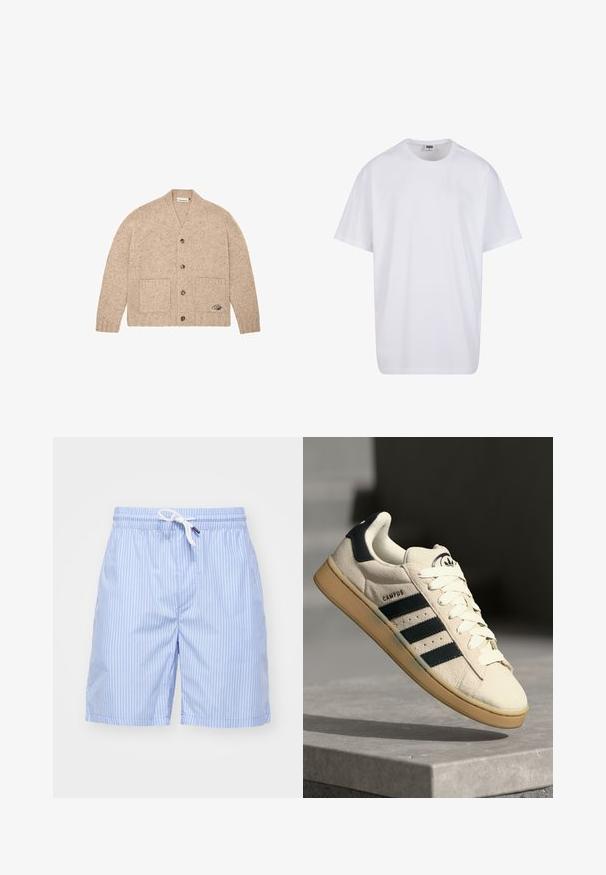 Beige gebreid cardigan met lange mouwen, knopen aan de voorkant, twee voorzakken en een klein geborduurd logo op de rechteronderzak.; Witte katoenen t-shirt met korte mouwen, ronde hals, relaxte pasvorm en zonder zichtbare logo's of patronen. Gladde textuur en minimalistisch ontwerp.; Heldere blauwe gestreepte zwemshorts van glad materiaal. Voorzien van een witte trekkoord en zijzakken. Middellange lengte tot op de dij met een rechte snit.; Beige suède sneaker met drie donkerblauwe strepen, witte veters en een tan rubberen zool. Bevat een logo op de tong en de tekst "CAMPUS".