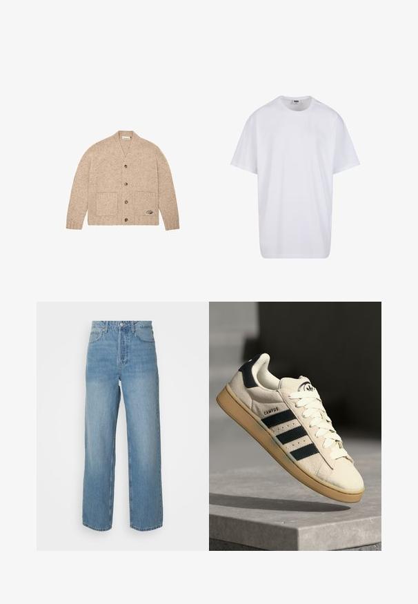 Cárdigan de punto beige con mangas largas, botones en la parte delantera, dos bolsillos frontales y un pequeño logotipo bordado en el bolsillo inferior derecho.; Camiseta blanca de algodón con mangas cortas, cuello redondo, corte relajado y sin logotipos ni patrones visibles. Textura suave y diseño minimalista.; Jeans de denim azul claro de cintura alta con piernas rectas, cierre frontal con botón y estilo de cinco bolsillos sobre fondo liso.; Zapatilla de ante beige con tres rayas azul marino, cordones blancos y una suela de goma color cuero. Presenta un logo en la lengüeta y el texto "CAMPUS".