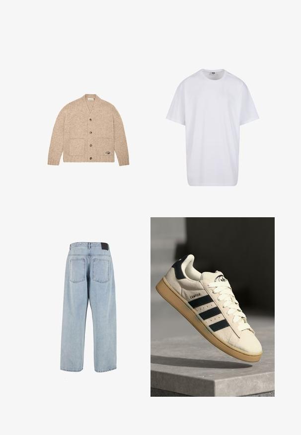 Cardigan en tricot beige à manches longues, avec des boutons sur le devant, deux poches avant et un petit logo brodé sur la poche inférieure droite.; T-shirt en coton blanc avec des manches courtes, un col rond, une coupe décontractée et sans logos ni motifs visibles. Texture lisse et design minimaliste.; Jeans en denim bleu clair taille haute avec une coupe ample, deux poches arrière et une étiquette en cuir noir à la taille. Design à jambe droite.; Baskets en daim beige avec trois rayures bleu foncé, lacets blancs et semelle en caoutchouc beige. Présente un logo sur la languette et le texte "CAMPUS".