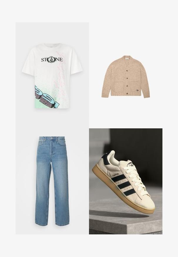 Cardigan en tricot beige à manches longues, avec des boutons sur le devant, deux poches avant et un petit logo brodé sur la poche inférieure droite.; T-shirt en coton blanc avec "STONE" en noir, accompagné d'accents graphiques verts et roses sur le devant et d'une coupe décontractée. Manches courtes.; Jeans en denim léger bleu clair taille haute avec des jambes droites, fermeture à bouton à l'avant et style à cinq poches sur fond uni.; Baskets en daim beige avec trois rayures bleu foncé, lacets blancs et semelle en caoutchouc beige. Présente un logo sur la languette et le texte "CAMPUS".