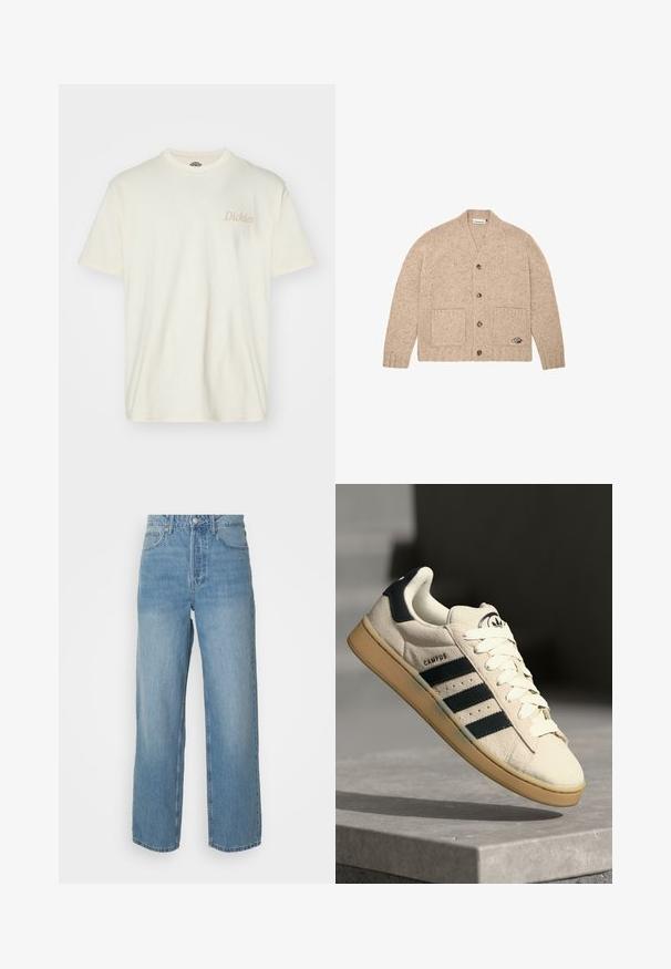 Cardigan en tricot beige à manches longues, avec des boutons sur le devant, deux poches avant et un petit logo brodé sur la poche inférieure droite.; T-shirt à manches courtes de couleur crème en coton, avec un logo subtil en beige sur la partie gauche de la poitrine. Encolure ronde classique et coupe décontractée.; Jeans en denim léger bleu clair taille haute avec des jambes droites, fermeture à bouton à l'avant et style à cinq poches sur fond uni.; Baskets en daim beige avec trois rayures bleu foncé, lacets blancs et semelle en caoutchouc beige. Présente un logo sur la languette et le texte "CAMPUS".