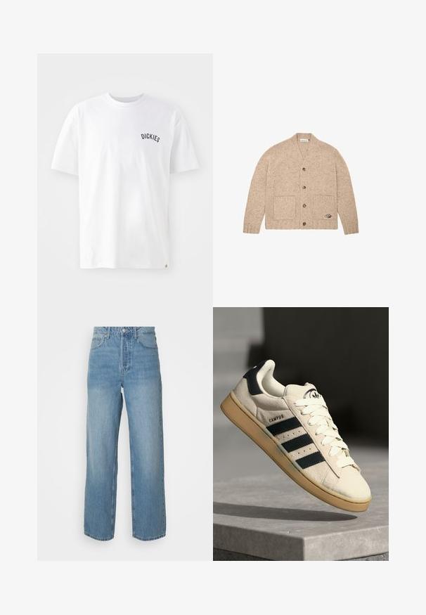 Cárdigan de punto beige con mangas largas, botones en la parte delantera, dos bolsillos frontales y un pequeño logotipo bordado en el bolsillo inferior derecho.; Camiseta blanca de algodón con mangas cortas, cuello redondo y logo negro de "DICKIES" en el lado izquierdo del pecho. Textura lisa y corte clásico.; Jeans de denim azul claro de cintura alta con piernas rectas, cierre frontal con botón y estilo de cinco bolsillos sobre fondo liso.; Zapatilla de ante beige con tres rayas azul marino, cordones blancos y una suela de goma color cuero. Presenta un logo en la lengüeta y el texto "CAMPUS".