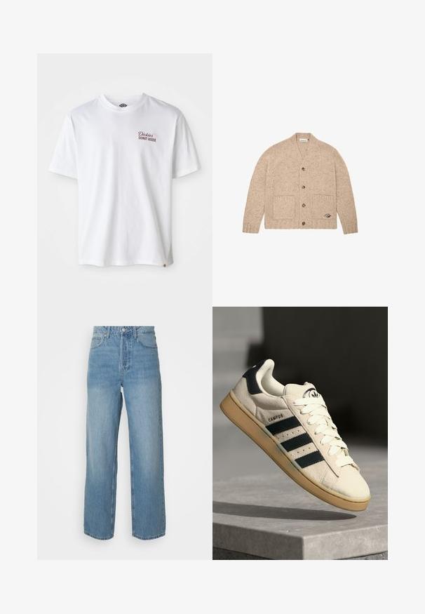 Cardigan lavorato a maglia beige con maniche lunghe, bottoni frontali, due tasche frontali e un piccolo logo ricamato sulla tasca inferiore destra.; T-shirt in cotone bianco con logo "Dickies Donut House" rosso sul lato sinistro del petto, maniche corte e scollatura rotonda.; Jeans in denim azzurro chiaro a vita alta con gamba dritta, chiusura frontale con bottone e styling a cinque tasche su sfondo uniforme.; Sneaker in suede beige con tre strisce blu scuro, lacci bianchi e suola in gomma beige. Presenta un logo sulla linguetta e il testo "CAMPUS".