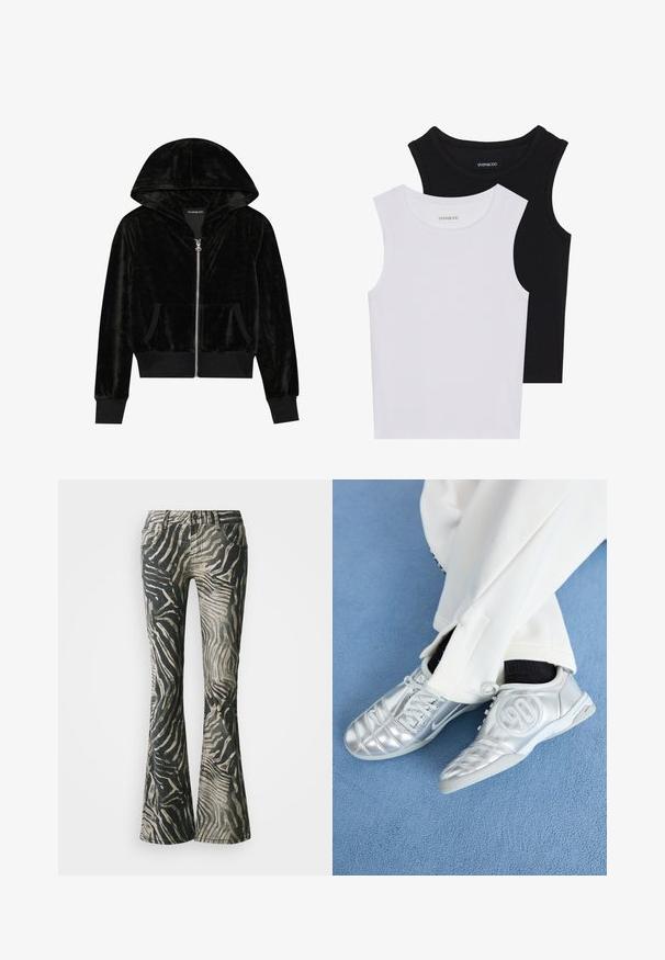 Sudadera con cremallera de terciopelo negro, con capucha curved, bolsillos frontales y puños acanalados. Textura suave y diseño simple centrado en la comodidad.; Dos camisetas sin mangas en negro y blanco, hechas de algodón acanalado, con escote redondo y un diseño ajustado. Etiquetas visibles en ambas.; Jeans acampanados en un patrón de cebra negro y beige, con material de mezclilla, diseño de cinco bolsillos y detalles de costura visibles.; Zapatillas deportivas plateadas con un acabado suave y brillante, que presentan un diseño cosido y el número 90 en el lateral, combinadas con pantalones blancos.