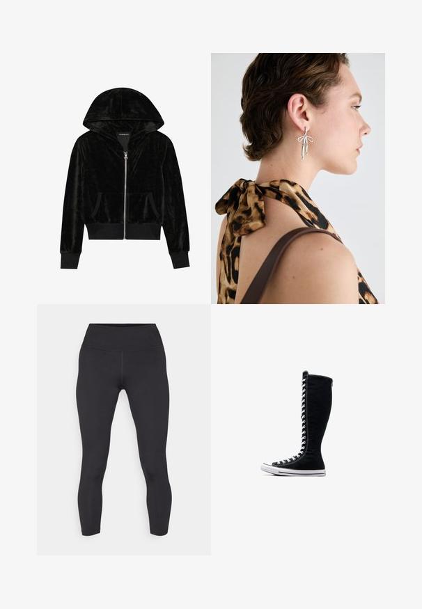 Must must raha kahvliga kapuutsiga, esi-taskud ja soonikkoes. Sujuv tekstuur ja lihtne disain, keskendudes mugavusele.; Kaks õlavarteta ribakudumist turtleneck'i topi pruunis ja mustas värvitoonis, esitatud ühelaval valgel taustal.; Mustad must mettad, millel on kõrge vöökoht, valmistatud siledast, venivast materjalist. Omab lapikse sammile ja keha ligi ulatuvat disaini.; Mustad mustad ketsid, millel on pikk disain, valmistatud kanvasest. Omavad valgeid paelu, õmblusi ja kummist tallat, millel on varbapatja kate.; Hõbedased kõrvarõngad, millel on piklikud kujundid ja sallide detail, eksponeeritud leopardimustriga särke taustal.