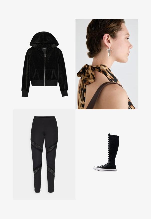 Sweatshirt com capuz em veludo preto, com fecho éclair, bolsos frontais e punhos canelados. Textura suave e design simples focado no conforto.; Duas blusas de gola alta caneladas sem mangas, uma em castanho e outra em preto, exibidas num fundo branco liso.; Leggings pretos com recortes triangulares adornados com renda preta nas laterais, feitos de um tecido elástico com um design ajustado.; Tênis de cano alto pretos com um design alto, feitos de lona. Apresentam atacadores brancos, costura e uma sola de borracha com biqueira.; Brincos de prata com formas alongadas e um detalhe em laço, exibidos contra um fundo de uma blusa com padrão de onça.