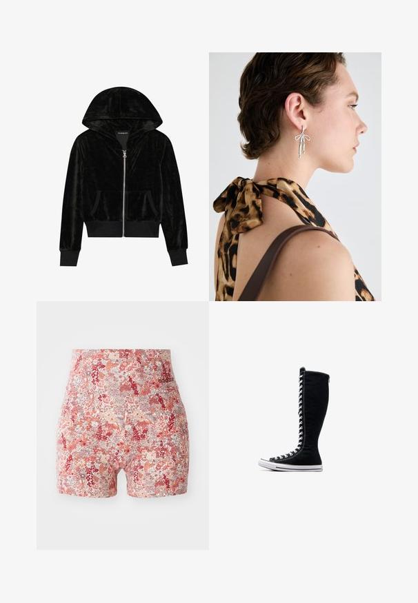 Črna žametna zip-up kapuca s ukrivljenim pokrovom, sprednjimi žepi in rebrastimi manšetami. Gladka tekstura in preprost dizajn, osredotočen na udobje.; Dve brezrokavne rebraste majice s turtleneck ovratnikom v rjavi in črni barvi, prikazane na enotni beli podlagi.; Cvečne kratke hlače v odtenkih rdeče in breskve, izdelane iz lahkotnega materiala. Imajo visok pas z logotipom Adidas.; Črne visoke superge z visokim dizajnom, narejene iz platna. Imajo bele vezalke, šivanje in gumijast podplat z zaščito za prste.; Srebrne uhane z elongated oblikami in detajlom v obliki pentlje, postavljene na ozadju majice z leopardjim vzorcem.