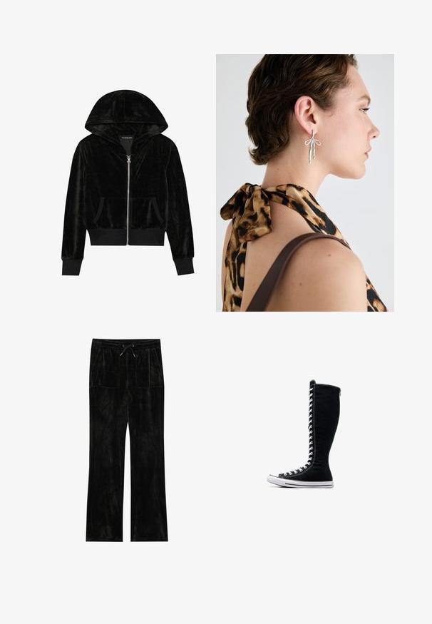 Černá sametová mikina na zip s klenutou kapucí, předními kapsami a žebrovanými manžetami. Hladká textura a jednoduchý design zaměřený na pohodlí.; Dvě bezrukávové žebrované roláky v hnědé a černé barvě, vystavené na bílém pozadí.; Černé sametové kalhoty s měkkou texturou, širokým střihem, elastickým pasem, šňůrkovým zapínáním a dvěma předními kapsami.; Černé vysoké tenisky s vysokým designem, vyrobené z plátna. Mají bílé šňůrky, švy a gumovou podrážku s ochranným krytem na špičce.; Stříbrné náušnice navržené s prodlouženými tvary a detailem mašle, předvedené na pozadí topu s leopardím potiskem.