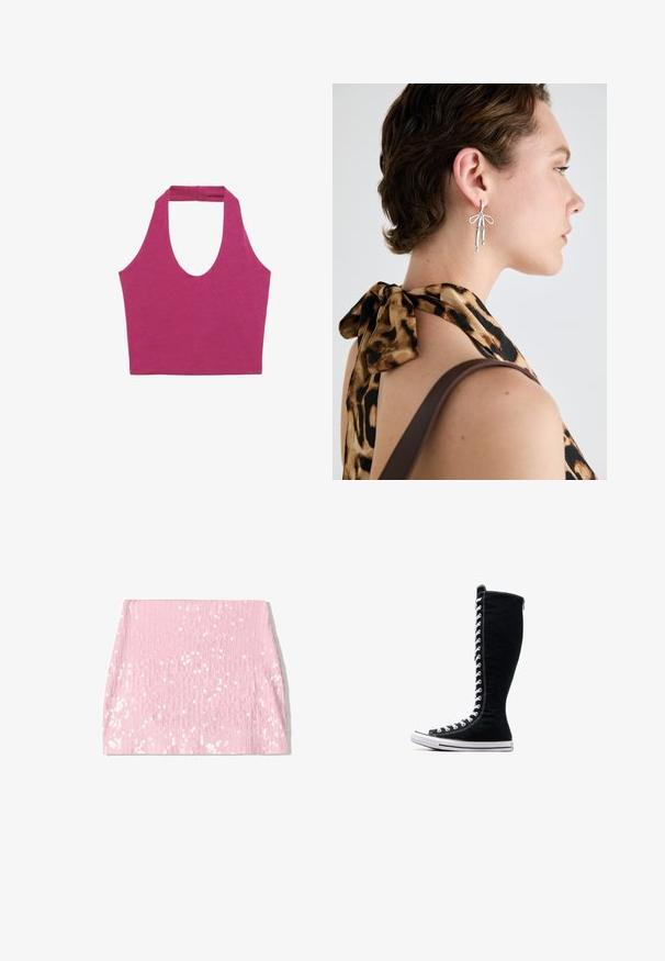 Schwarze Samt-Zip-up-Hoodie mit einer geschwungenen Kapuze, Fronttaschen und gerippten Bündchen. Glatte Textur und einfaches Design, das auf Komfort fokussiert ist.; Fuchsia Haltertop mit tiefem Rundhalsausschnitt, aus glattem Baumwollstoff gefertigt. Mit einem Band am Rücken für zusätzlichen Halt.; Rosa Pailletten-Minirock mit vertikaler gerippter Textur, der eine figurbetonte Silhouette bietet und mit schimmernden Pailletten überzogen ist.; Schwarze High-Top-Sneaker mit hohem Design, aus Canvas. Sie verfügen über weiße Schnürsenkel, Nähte und eine Gummisohle mit einer Zehenkappe.; Silberohrringe mit elongated Formen und einer Schleifendetail, präsentiert vor einem Hintergrund mit Leopardenmuster.