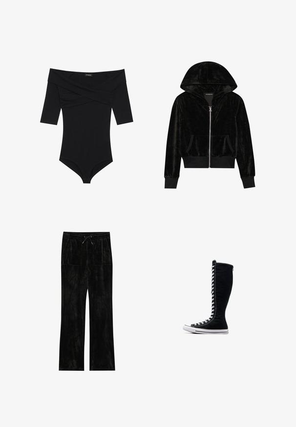 Zwarte fluwelen hoodie met ritssluiting, een gebogen capuchon, voorzakken en geribbelde mouwen. Soepele textuur en een eenvoudig ontwerp gericht op comfort.; Zwarte body met een off-the-shoulder halslijn, 3/4 mouwen en een aansluitend ontwerp. Gemaakt van zachte, gladde stof met minimale naden.; Zwarte velours broek met een zachte textuur, wijde pijpen, elastische tailleband, koordsluiting en twee voorzakken.; Zwarte hoge sneakers met een hoge ontwerp, gemaakt van canvas. Beschikken over witte veters, stiksels en een rubberen zool met een neuskap.