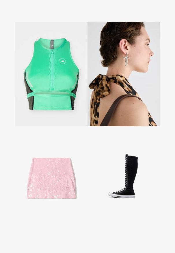 Black velvet zip-up hoodie with a curved hood, front pockets, and ribbed cuffs. Smooth texture and simple design focused on comfort.; Green athletic crop top with a zip front, featuring black accents, reflective details, and a logo. Made of smooth, stretchy fabric.; Pink sequin mini skirt with vertical ribbed texture, featuring a fitted silhouette and shimmering sequins across the surface.; Black high-top sneakers with a tall design, made of canvas. Feature white laces, stitching, and a rubber sole with a toe cap.; Silver earrings designed with elongated shapes and a bow detail, showcased against a backdrop of a leopard print top.