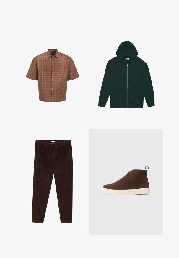 Sötétzöld, cipzáras kapucnis pulóver, puha anyagból, elülső zsebbel, húzózsinórral és bélelt kapucnival. Bordázott mandzsettákkal és aljjal rendelkezik.; Rövid ujjas ing barna kockás mintával, fehér és bézs részletekkel, gallérral, gombos elülső résszel és egyetlen mellzsebbel.; Barna kordbársony cargo nadrág, gumis derékrésszel, húzózsinórral, két oldalsó zsebbel és két nagy cargo zsebbel a combokon.; Barna velúr bokacsizmák fehér gumitalppal, lekerekített toe-al, fűzős dizájnnal és egy húzófüllel a hátsó részen.