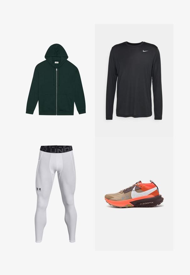 Tamnozeleni dukserica sa zatvaračem načinjena od mekog materijala, s prednjim džepom, vezicama i postavljenom kapuljačom. Uključuje rebraste manžete i donji rub.; Crna dugava majica s dugim rukavima marke Nike izrađena od laganog materijala. Ima okrugli izrez i mali bijeli Nike logo na gornjem lijevom dijelu prsa.; Bijele sportske tajice s prilagođenim dizajnom, elastičnim pojasom s crnim logotipom i glatkom teksturom. Pogodne za aktivne aktivnosti.; Bež i crvene trail trkaće cipele s mrežastim gornjištem, reflektirajućim detaljima i Vibram potplatom. Imaju Nike ZoomX oznaku i uzorkovane dizajnerske elemente.