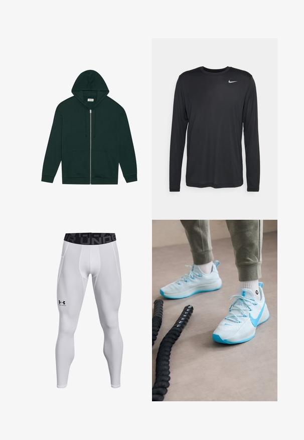 Sötétzöld, cipzáras kapucnis pulóver, puha anyagból, elülső zsebbel, húzózsinórral és bélelt kapucnival. Bordázott mandzsettákkal és aljjal rendelkezik.; Fekete, hosszú ujjú Nike póló könnyű anyagból. Kerek nyakú, és egy kis fehér Nike logó található a bal felső mellen.; Fehér sportleggings, amelyeken illeszkedő kialakítás, rugalmas derékpánt fekete logóval és sima textúra található. Aktív öltözködéshez alkalmas.; Világoskék sportcipők texturált anyaggal, feltűnő fűzőkkel és mintázott talppal. Szürke melegítőnadrággal és fehér zoknikkal viselve.